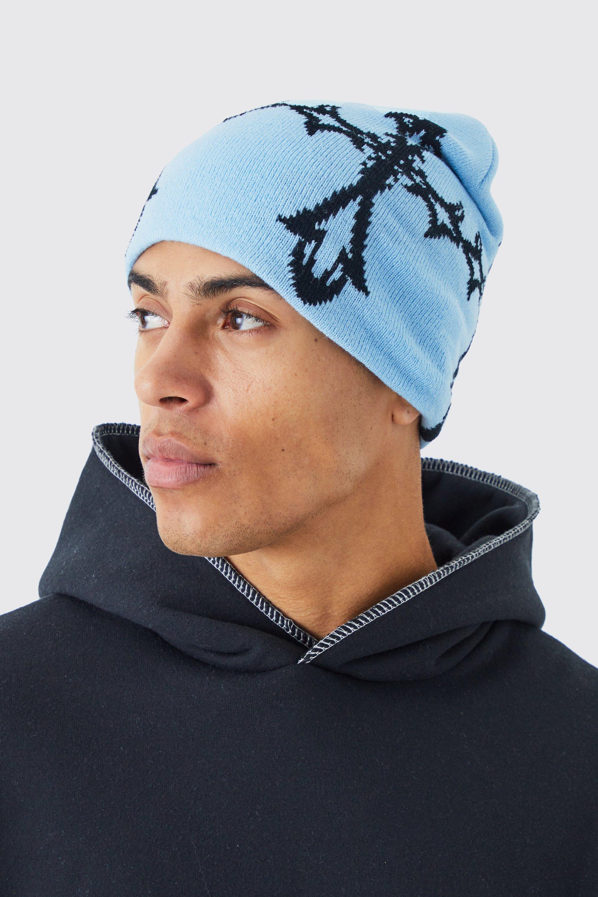 Mens Blue Gothic Cross Graphic Beanie, Blue